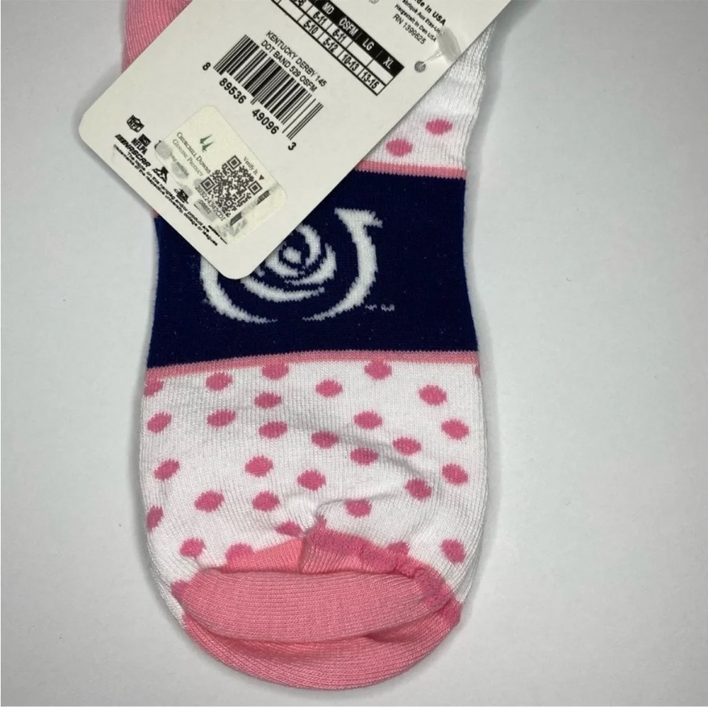 For Bare Feet Socks Kentucky Derby 145 6-11 White Pink Dot Band Blue Pink Argyle
